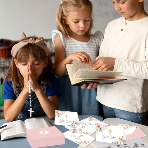 24 Pack Christian Thank You Cards, Watercolor Pink Floral Cross Baptism Thank You Cards with Envelopes & Stickers, VBS Thank You Cards First Communion & Religious Occasions - style: 24 Pcs - Pink Christian