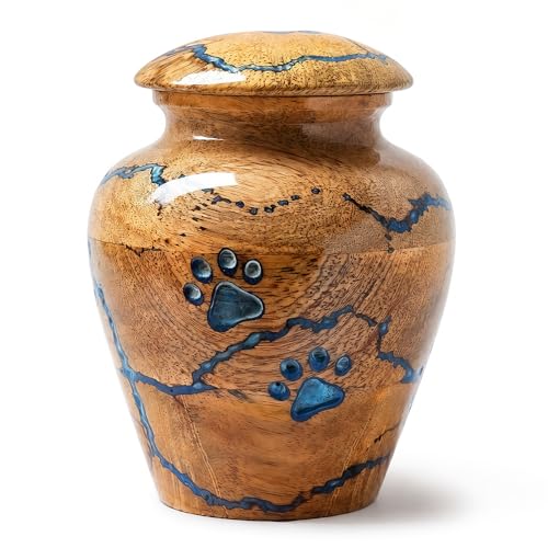 Wooden Pet Small Keepsake Cremation Urn for Ashes, Handcrafted Wooden Keepsake Urn with Blue Resin Design, | Memorial Jar for Human or Pet Ashes - size: Small