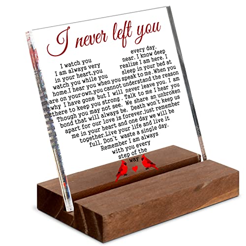 Red Cardinal Sympathy Memorial Gift Acrylic Wood Keepsake for Loss | Loss Loved One Father Mother, I Never Left You Cardinal, Acrylic Plaque Wooden Stand, Table Decor, Bereavement Gift