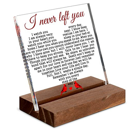 Red Cardinal Sympathy Memorial Gift Acrylic Wood Keepsake for Loss | Loss Loved One Father Mother, I Never Left You Cardinal, Acrylic Plaque Wooden Stand, Table Decor, Bereavement Gift