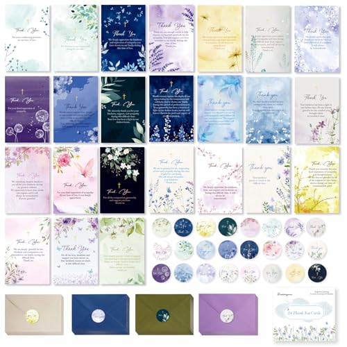 Funeral Thank You Cards, 24 Pack, Watercolor Floral with Gold Cross, 4x6 in | 300g card stock, no bleed-through, 24 cards with envelopes and stickers, pre-printed messages, for Memorial Service Gratitude