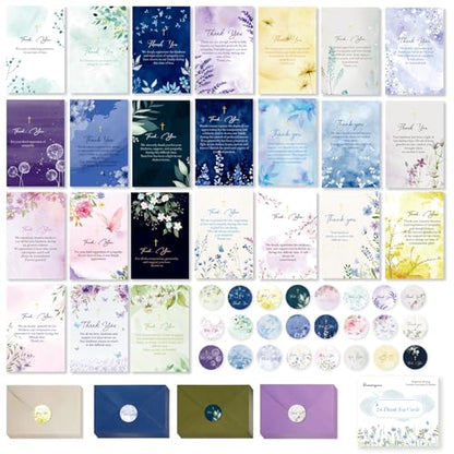 Funeral Thank You Cards, 24 Pack, Watercolor Floral with Gold Cross, 4x6 in | 300g card stock, no bleed-through, 24 cards with envelopes and stickers, pre-printed messages, for Memorial Service Gratitude