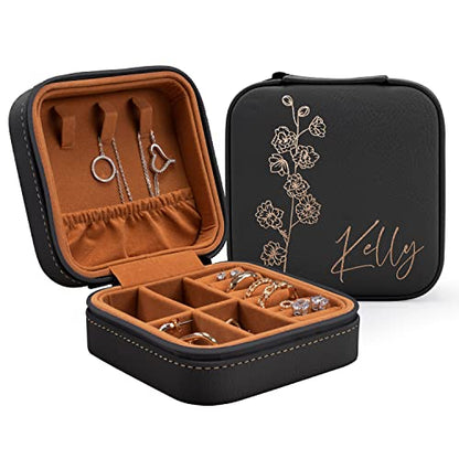 Custom Leather Jewelry Box w/Name & Birth Flower Month - Birthday Gifts for Women, Personalized Jewelry Travel Case - Customized Jewelry Organizer Box, Mom Birthday Gifts - Black - color: Black