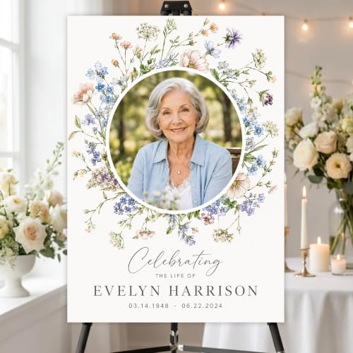 Custom Wildflower Celebration of Life Welcome Sign wPhoto Memorial Funeral | Personalized Minimalist In Loving Memory yard sign. Weather-resistant corrugated plastic decor. Add custom photo, name, dates - color: Sign14