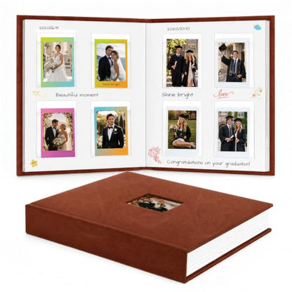 Ruibytree 128 Pockets Instant Mini Photo Album for 2x3 Pictures, Brown | Writing Space, Premium Vegan Leather, Flat-Fit Clear Pocket, Wedding Guest Book for Polaroid 2x3 Photos, Graduation Keepsakes - color: 128 Pocket Brown