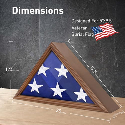 ASmileIndeep Flag Display Case - 5' x 9.5' Funeral & Military Flag Shadow Box with HD Tempered Glass and Wall Mount, Folded Triangle Flag Holder Frame for Veterans, Walnut - size: For 5' x 9.5' Flag-Walnut