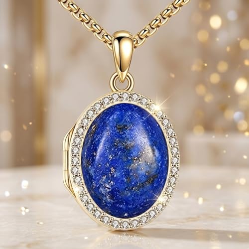 ONEFINITY Locket Necklace Photo Necklace Memorial Jewelry Gifts for Women Mom Wife - color: gold-Lapis Lazuli