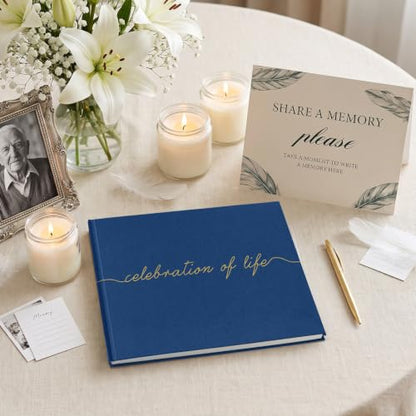 Funeral Guest Book for Celebration of Life, in Loving Memory Sign in Book | 320 Entries, Table Sign Card Included, Gold Stamping, Twill-Textured Paper Cover, Memorial Keepsake, 9x7.5", Navy - color: Navy