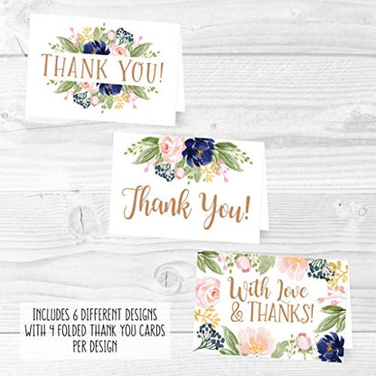 24 Bulk Thank You Cards with Envelopes Blank Cute Thank You Cards | Floral Navy 6 x 4 Appreciation Card for Weddings, Valentines, Anniversary, Small Business, Party Guests, Engagement & Funeral - color: Floral Navy 24 pcs
