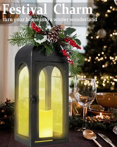 Bdor 16 Inch Black Metal Christmas Lantern with Remote LED Candle and Timer | Removable pinecone and holly greenery, flameless LED candles, remote control, 6-hour timer, tabletop or porch decor