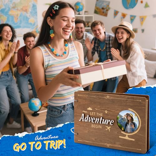 CY2SIDE Travel Photo Album Scrapbook - 111PCS Let The Adventure Begin Wooden Travel Scrapbook Craft Kit, Traveling Diary Photo Book DIY Handmade Souvenir Gifts for Adventure Lovers, Heartfelt Present - style: Travel