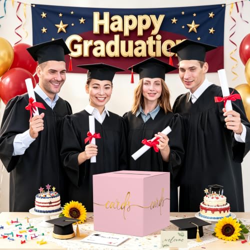 Light Pink Card Box with Gold Foil Design, Paperboard 8.7" Gift Card Holder for Wedding Graduation Birthday Party Reception Retirement Anniversary Bridal & Baby Shower - color: Light Pink Card Box with Gold Foil, size: 8.7×8.7×8.7Inch(1 Pack)