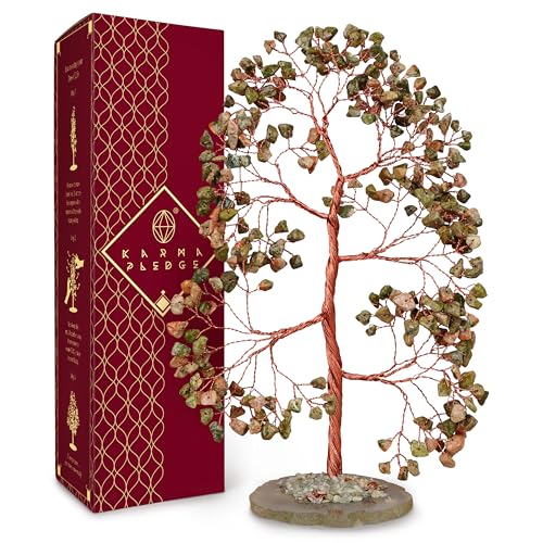 Crystal Tree of Life Birthday Gifts for Women, Men, Frineds, Handmade Unakite Chakra Tree for Home, Room, Office Decor, Bring Money, Positivity, Reiki Healing, Good Luck, Gifts for Mom & Dad - color: 18 Unakite Slice Base 300 Beads