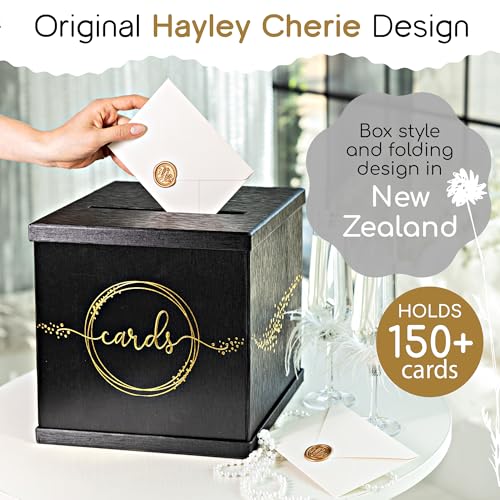 Black & Gold Card Box, Large 10x10 Gift Card Box Envelope Holder with Slot | Wedding Reception, Graduation Party, Funeral Memorial, Birthday, Bridal & Baby Shower, Retirement, Donation Basket, Money