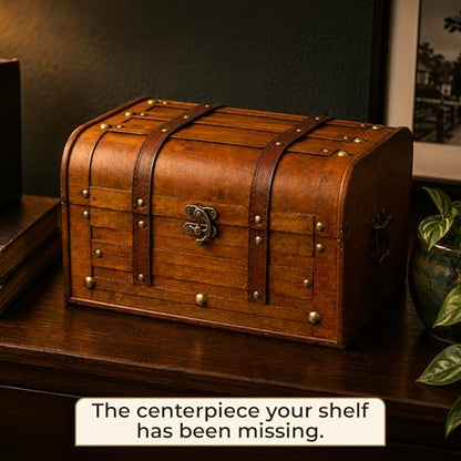 Antique Wooden Treasure Chest with Tray, Large Keepsake Box, 13x9.5x7.5 in - size: Large