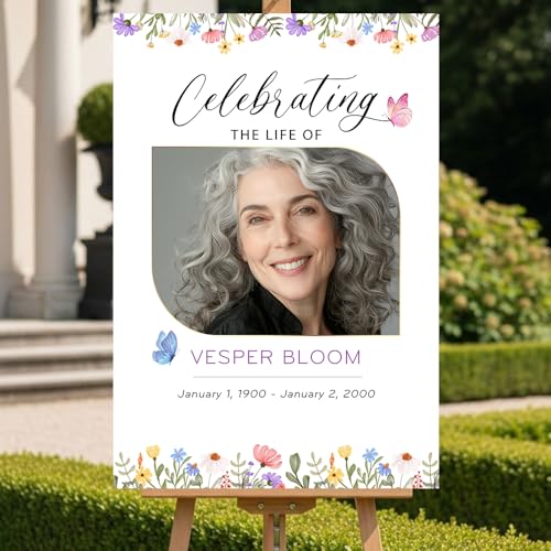 Personalized Celebration of Life Welcome Sign with Photo, Obituary Welcome Sign with Name and Date, Celebrating a Beautiful Life Butterfly Flower Tribute, Butterfly Flower Remembrance Decor, Custom Funeral Welcome Sign (Edition 1) - color: Edition 1