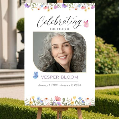 Personalized Celebration of Life Welcome Sign with Photo, Obituary Welcome Sign with Name and Date, Celebrating a Beautiful Life Butterfly Flower Tribute, Butterfly Flower Remembrance Decor, Custom Funeral Welcome Sign (Edition 1) - color: Edition 1