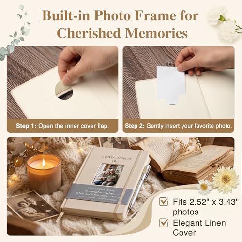 Guided Grief Journal Sympathy Gift Set with Photo Frame Cover | Pocket Hug Coin Keychain & Engraved Pen ,Bereavement, Remembrance, Loss of Loved One, Mother, Father Memorial Gifts (Linen) - style: Guided Grief Journal