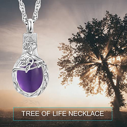 Gredstar Tree of Life Urn Necklace for Ashes, Birthstone Memorial Pendant | Teardrop Design, Love Symbol Detail, 12 Birthstone Colors, Stainless Steel, Ashes Holder, Funnel Kit Included - color: February