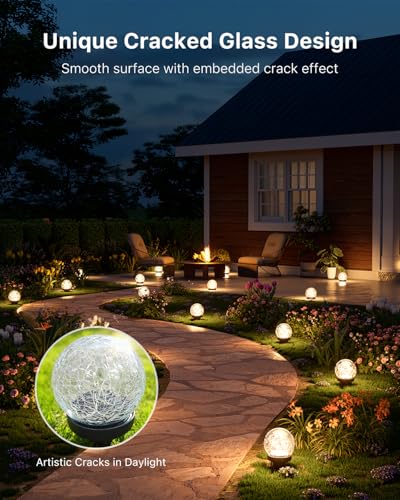 4 Pack 4.72" Warm White Solar Powered Cracked Glass Globe LED Light | Outside Waterproof Decorative Table Ball Lamps, for Garden, Step, Yard, Deck, Pathway, Backyard Decoration Easy to Install - size: 4.72 Inch