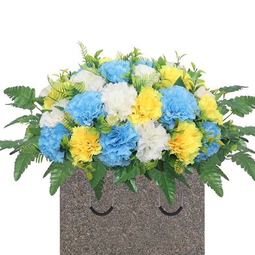 Artificial Cemetery Silk Flowers Saddle,Carnation Cemetery Headstone Flower Saddle,Memorial Flowers for Outdoor Tombstone Headstone Decorations (Blue Yellow White) - color: Blue Yellow White