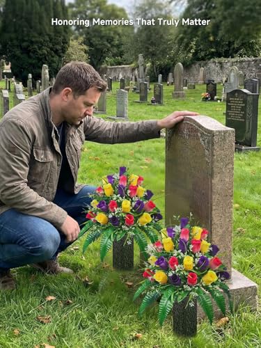 Mirevielyn 24-Stem Artificial Rose Cemetery Flowers with Spiked Vases - color: Red, Yellow & Purple