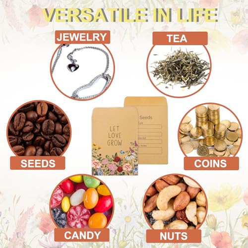 FYSUIMU 50Pcs Wildflower Seed Packets Let Love Grow Self-Adhesive Kraft Envelopes Rustic Floral Seed Storage Pockets for Garden Office Party Favors Supplies, 3.15 x 2.4 Inch