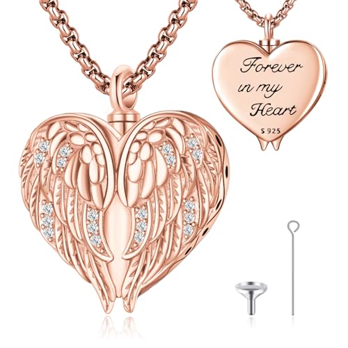 Angel Wings Necklace 925 Sterling Silver Guardian Angel Nurse RN Caduceus Pendant Charm Crystal Angel Jewelry Gifts for Women - style: E-Angel Wings Urn (Rose Golden)