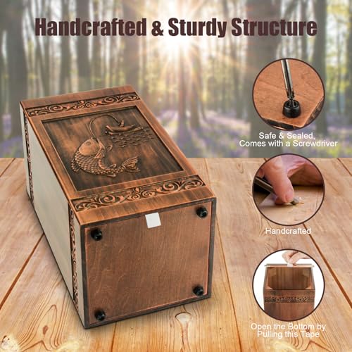 Wooden Urn for Ashes Adult Male Female, Cremation Urns for Human Ashes Adult Men Women, Decorative Burial Funeral Memorial Fishing Urns for Ashes, Urn Box Holds 250 Cubic Inches (Fishing)