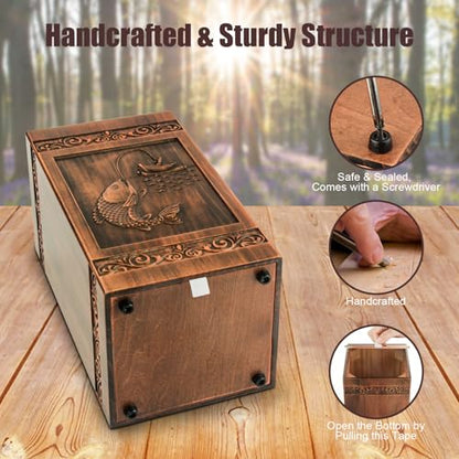 Wooden Urn for Ashes Adult Male Female, Cremation Urns for Human Ashes Adult Men Women, Decorative Burial Funeral Memorial Fishing Urns for Ashes, Urn Box Holds 250 Cubic Inches (Fishing)