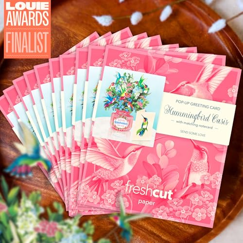 Freshcut Paper Mini Hummingbird Oasis 6 Inch Life-Sized 3D Pop Up Card – Greeting Card, Birthday, Thank You, Mothers Day, Gifts for Mom and Her – Includes Notecard and Envelope (Pack of 3) - color: Hummingbird Oasis, size: 6 inches (Pack of 3)