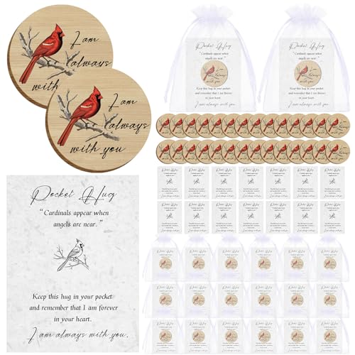 Clabby 50 Set Funeral Favors Celebration of Life Favors Wooden Red Cardinal Pocket Hug Token Funeral Prayer Card Organza Bag Cardinal Memorial Gift for Guests Family Prayer Church Favor Decorations