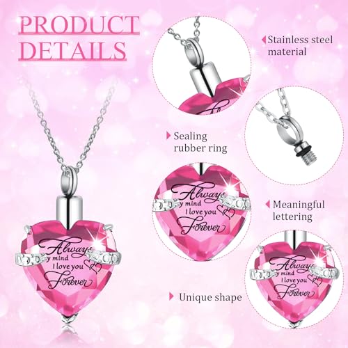 Huquary 16 Pcs Urn Necklace for Ashes Waterproof Stainless Steel Carved Ashes Locket with 8 Filling Kit Heart Cylinder Cross Cubic Fish Hook Jewelry for Ashes with Wing Diamond for Men Women - color: Pink