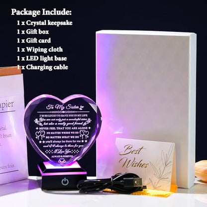 Arikyrist Sister Gifts from Sister Brother with Colorful LED Base Birthday Gifts Idea for Sisters Crystal Heart Keepsake Sisters Gift for Women for Christmas Mother's Day Valentines - style: Sister Gifts + Light Base