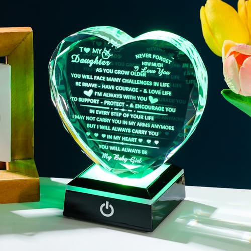 YWHL Daughter Gifts from Mom Dad Birthday Gifts for Daughter Adult to My Daughter Heart Crystal Keepsake with Colorful Base Meaningful Gifts for Daughter on Christmas Graduation Valentine Day - color: Daughter Gifts+led