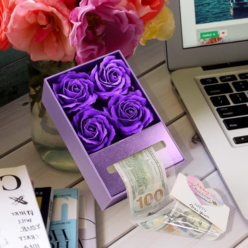 Money Box for Cash Gift Pull, Money Gift Boxes for Cash on Birthday, Christmas, Graduation, Mother's Day, for Husband, Wife, Girlfriend, Mother With Soap Rose Flower and Greeting Cards - Purple - color: Purple
