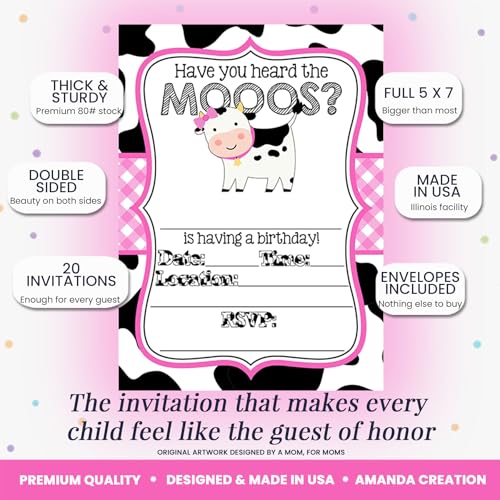 Amanda Creation Cow Birthday Invitations for Girls, 20 Pack 5x7 Fill-In Cow Party Invitations with White Envelopes, Heard the Moos Pink Farm Animal Cards, Made in USA - color: Heard the Moos Pink Cow