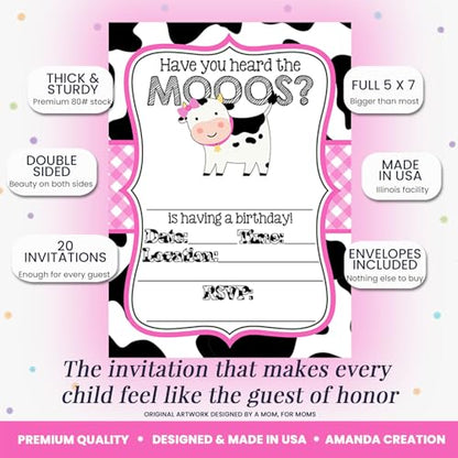 Amanda Creation Cow Birthday Invitations for Girls, 20 Pack 5x7 Fill-In Cow Party Invitations with White Envelopes, Heard the Moos Pink Farm Animal Cards, Made in USA - color: Heard the Moos Pink Cow