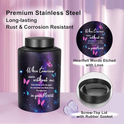 Abooxiu 10 Inches Cremation Urns for Human Ashes Keepsakes Urns Purple Butterfly Urn for Human Ashes Decorative Urns for Adult Male Memorial Stainless Steel Funeral Burial Um - Up to 200 lbs
