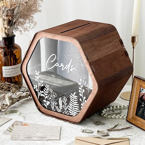 OurWarm Wedding Card Boxes for Reception, Hexagonal Wooden Gift Card Box | Floral Pattern Design with Slot, Holds Up Cards and Money, Wedding Card Box for Party, Birthday, Baby Shower, Graduation - color: brownness