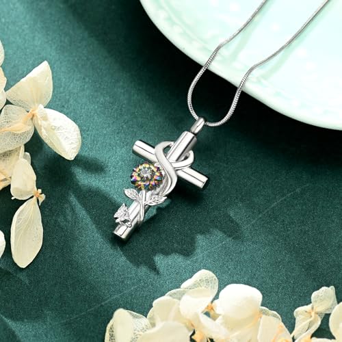 Cross Sunflower Cremation Jewelry Urn Necklaces Cross Urn Pendant Necklaces for Ashes Memorial Keepsake Pendant for Women Men Gifts With Funnel Kit & Bag - color: Rainbow