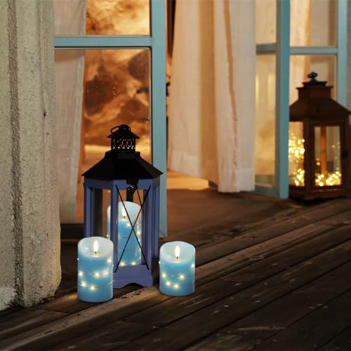 Homemory Flameless Candles with String Lights, 3 Pack Embedded Fairy String Lights LED Candles, Electric Flickering Candles with Remote Control and Timer, Real Wax, Blue - color: Blue