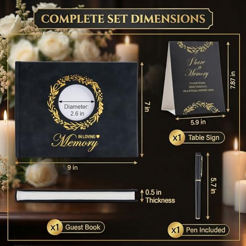 ArtSocket Funeral Guest Book for Memorial Black Leather with Gold Foil | for Funerals Elegant Celebration of Life and Loving Memorial Complete with Pen and Table Sign