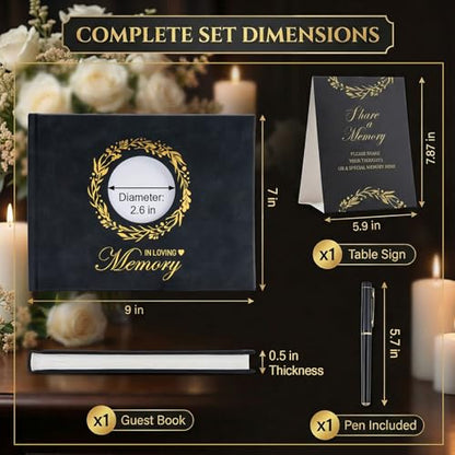 ArtSocket Funeral Guest Book for Memorial Black Leather with Gold Foil | for Funerals Elegant Celebration of Life and Loving Memorial Complete with Pen and Table Sign