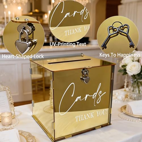 Gold Acrylic Card Box with Lock & Slot, Classy Golden Wedding Card Boxes for Reception, Luxury Monetary Envelope Gift Box for Party Graduation Birthday Anniversary Baby Shower All Occasions - color: Golden