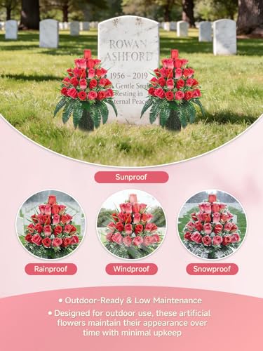 Mirevielyn 2-Pack 24-Stem Artificial Rose Cemetery Flowers with Vases - color: Red (Vivid Tribute)