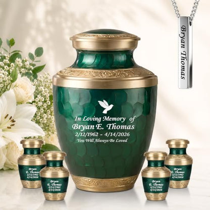 Personalized Gold & Green Cremation Urns for Human Ashes Adult Set of 6 - color: Royal Teal Urn Set - Custom