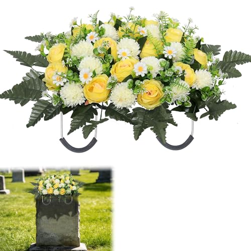 Wocst Cemetery Flowers for Graves Cemetery Saddles for headstones Silks Grave Roses for Outdoor Grave Decorations Weatherproof,NO-Fading - color: Yellow