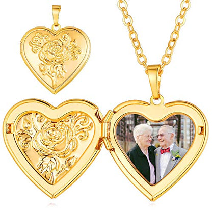 Custom4U Personalized Heart Locket Necklace with Pictures,Sunflower/Angel Wings/Heart Shaped Lockets Custom Photo,Gold/Rose Gold/White Lockets That Holds Picture,Customized Memorial Jewelry for Women - color: C-Heart-Gold(Locket + Photo + Engraving)