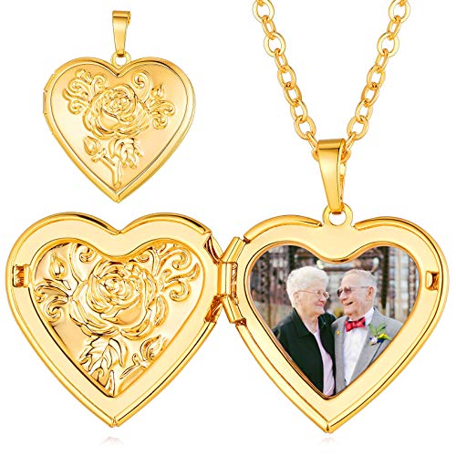 Custom4U Personalized Heart Locket Necklace with Pictures,Sunflower/Angel Wings/Heart Shaped Lockets Custom Photo,Gold/Rose Gold/White Lockets That Holds Picture,Customized Memorial Jewelry for Women - color: C-Heart-Gold(Locket + Photo + Engraving)